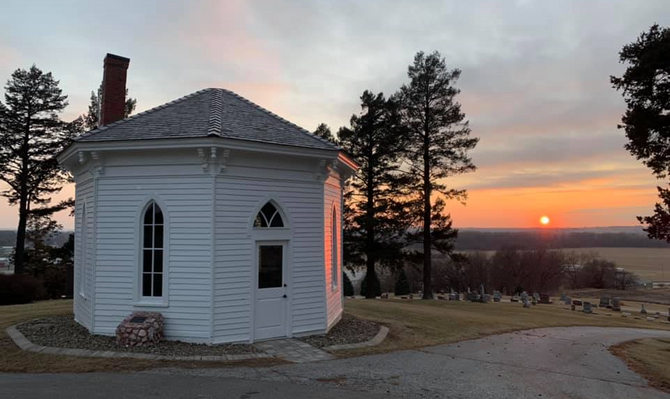 December 26, 2019.  Avoca’s Graceland Cemetary Octagon Building renovation project is officially complete!  Today Terry K. Philips of T.K. Enterprises installed the final windows. Pat Martin of Martin & Sons Construction was the primary contractor under Architect Peter Franks of The Franks Design Group. The Avoca city staff with the help of Josh Guyer of Guyer Concrete & Wall Systems provided the landscaping expertise.  (Courtesy Bill Dea)